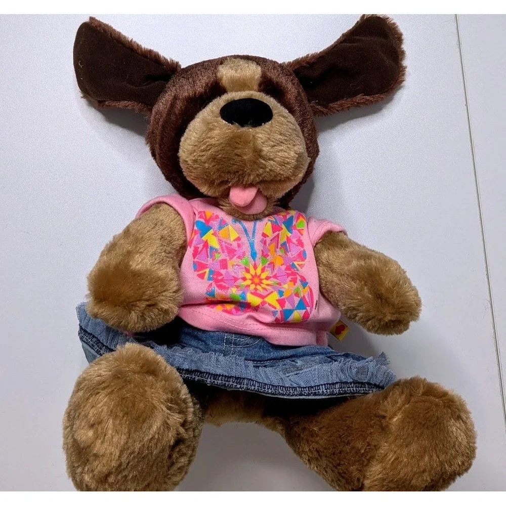 Stuffed Animal Build-A-Bear Brown Pink Butterfly Top Denim Skirt Plush Dog